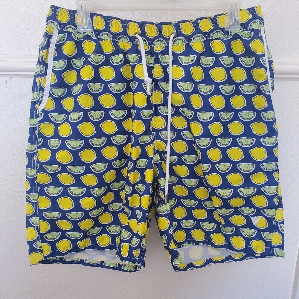 Beach Bros Mens Swim Trunks Large Navy Citrus Lemon Lime Print Mesh Lined Shorts